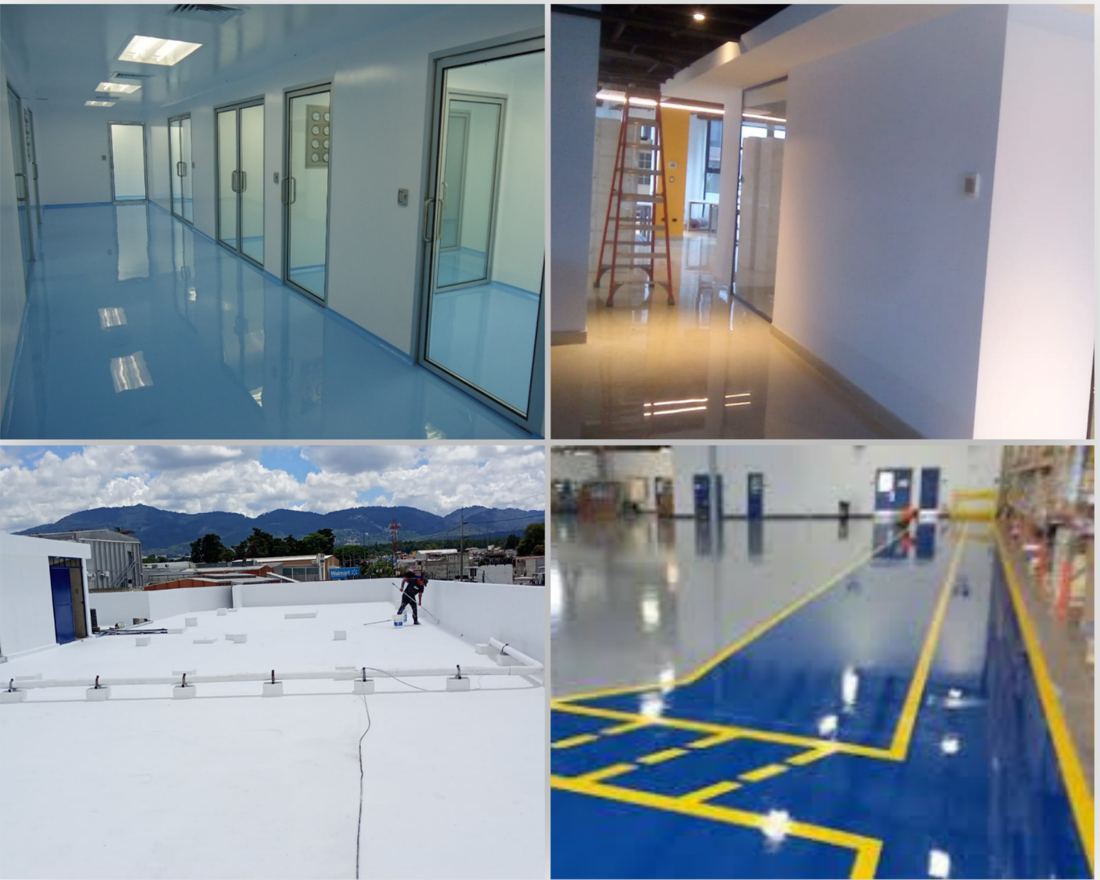 Collage de proyectos de recubrimientos técnicos para hospitales, industria y oficinas corporativas realizados por KADDI en Guatemala