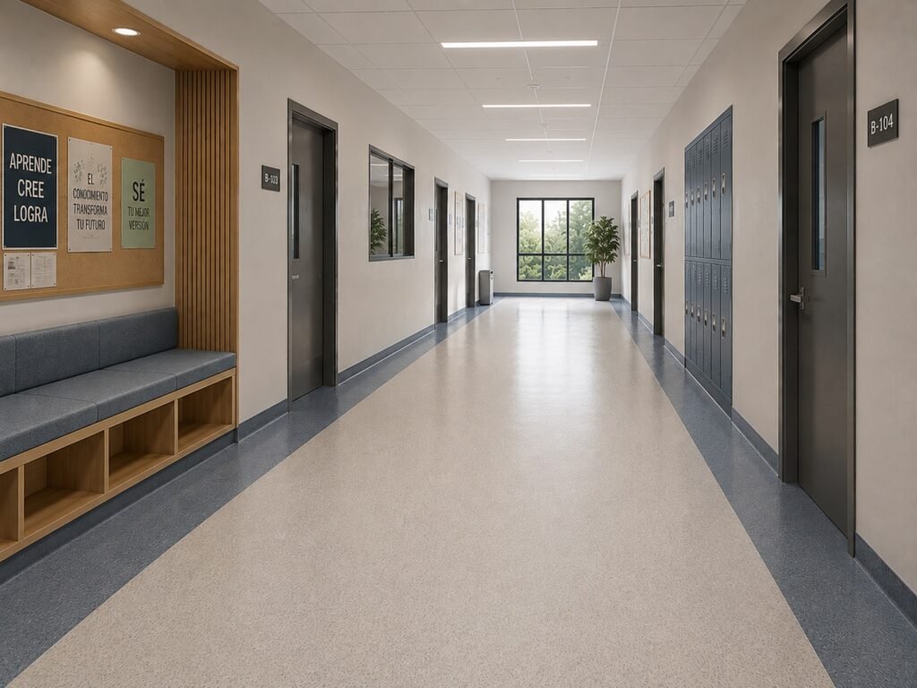 Pasillo universitario moderno con piso vinílico institucional en dos tonos